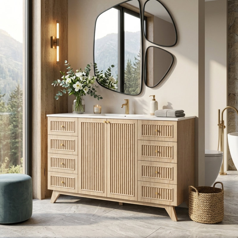 Meuble-lavabo simple de 120 cm (47,2 po) avec lavabo en résine SMC, 8 tiroirs et rangements, design cannelé, style moderne, salle de bain principale