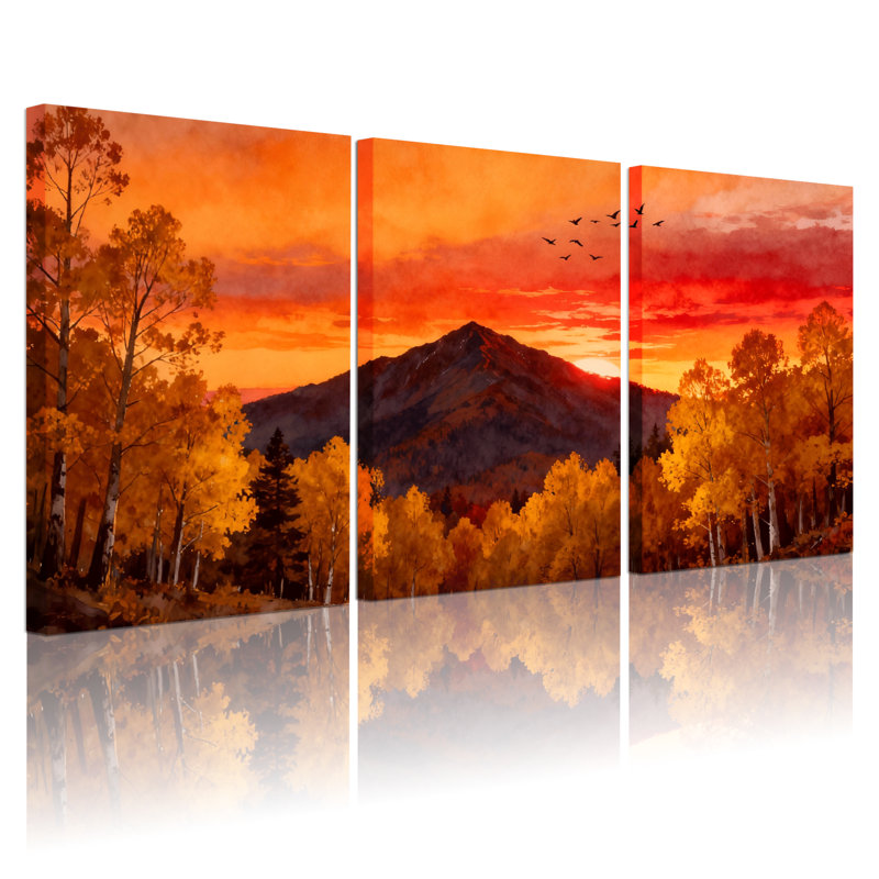 «Landscape & Nature Autumn Mountain Sunset Reflection Trees Sky Birds», ensemble de 3 impressions sur toile