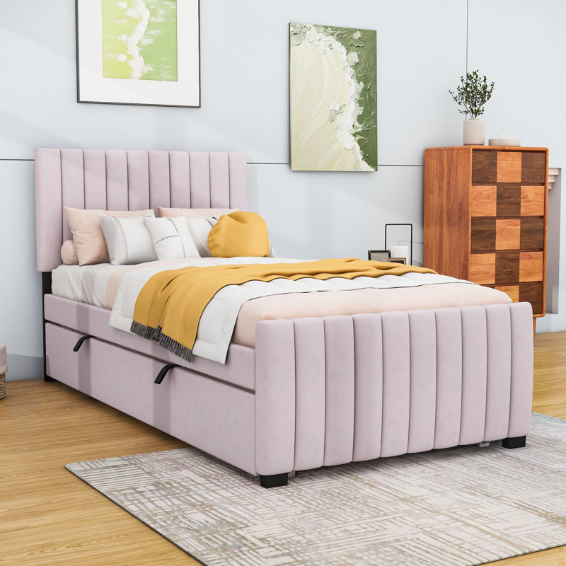 Twin Velvet Upholstered Platform Bed with Trundle, Pink