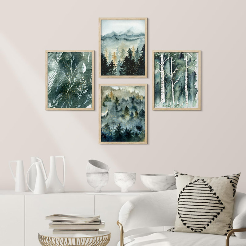 «Pastel Pine Trees Snowy Mountain», ensemble de 4 reproductions d'art moderne sur bois encadrées sur papier, 4 pièces
