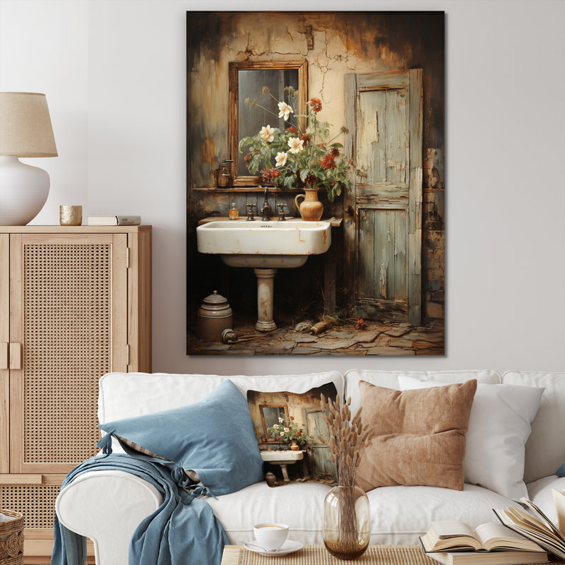 Cluny Bathroom Rustic Charm II Framed On Canvas Print, Wrapped Canvas, 32" H x 16" W x 1" D