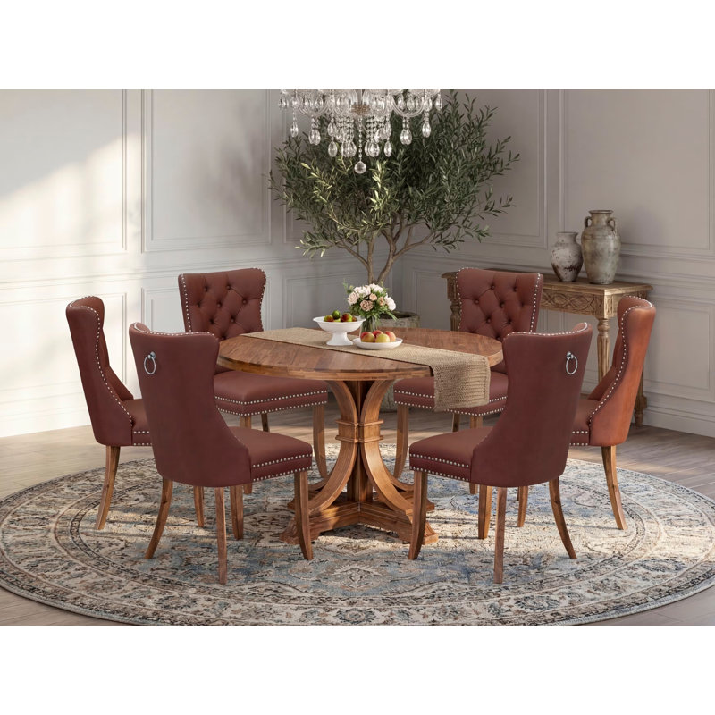 L'ensemble de table de cuisine 7 pièces comprend une table de salle à manger de style Mid-Century et 6 chaises en tissu de polyester bourgogne avec dossier capitonné, noyer antique