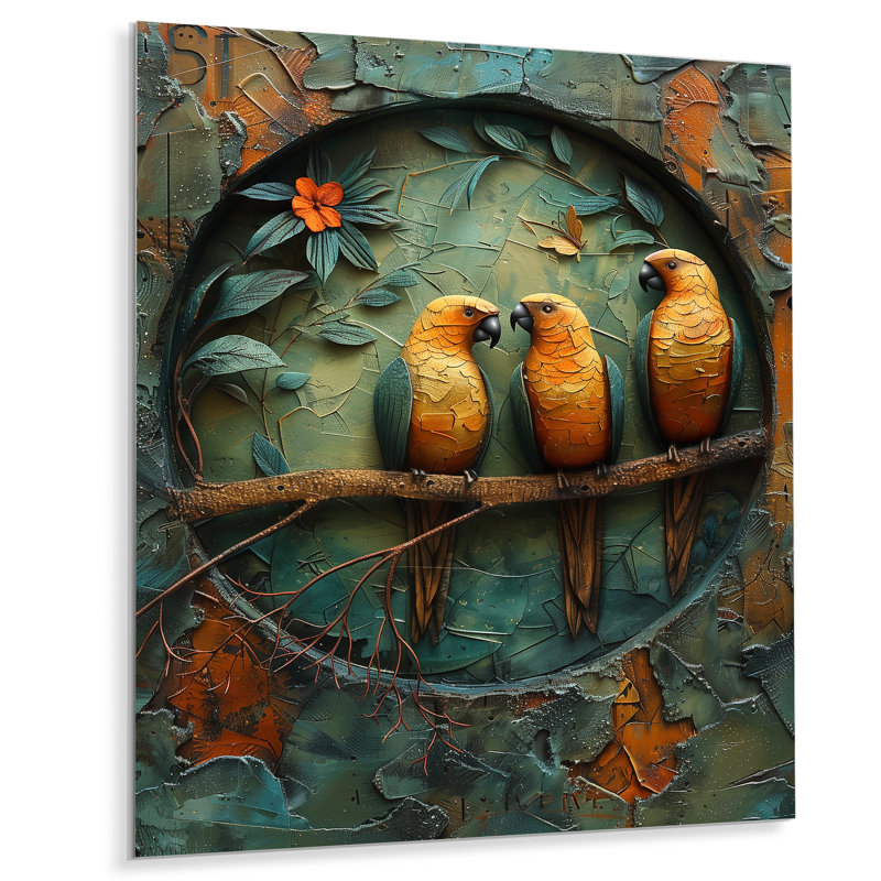 Perroquets radieux de la forêt tropicale jaune - art mural perroquet, H 20 po x l 12 po x P 1 po, Métal métal