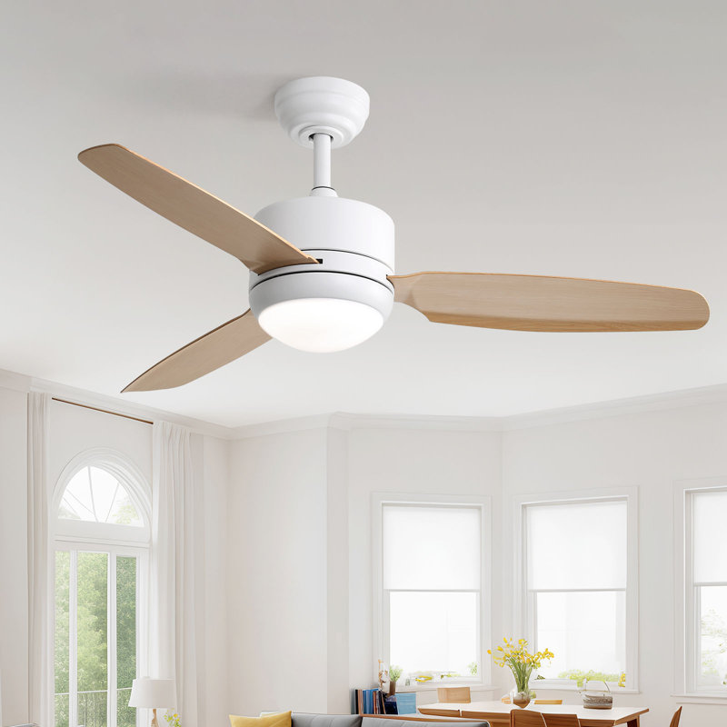 117CM 3-Blade Ceiling Fan with Lights, Remote Control, Light Yellow Wood, White