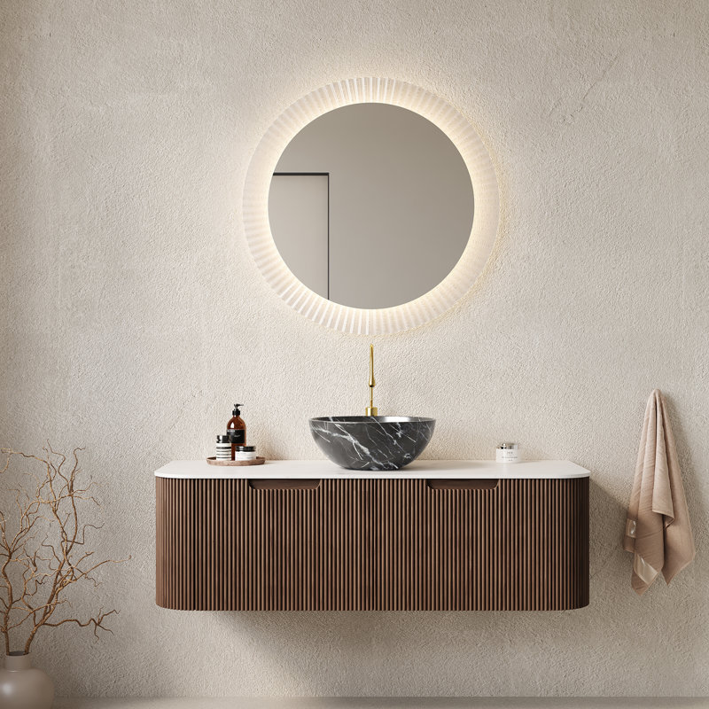Meuble-lavabo de salle de bain 48 po avec lavabo, meuble-lavabo mural à bords arrondis et courbes avec 2 tiroirs, lavabo bol en céramique noir avec motif de pierre