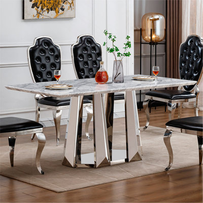 Marble Dining Table For 6 People, 70'' Rectangle Faux Marble Dining Table With Mirrored Finish Stainless Steel Base, Modern Large Size Marble Kitchen