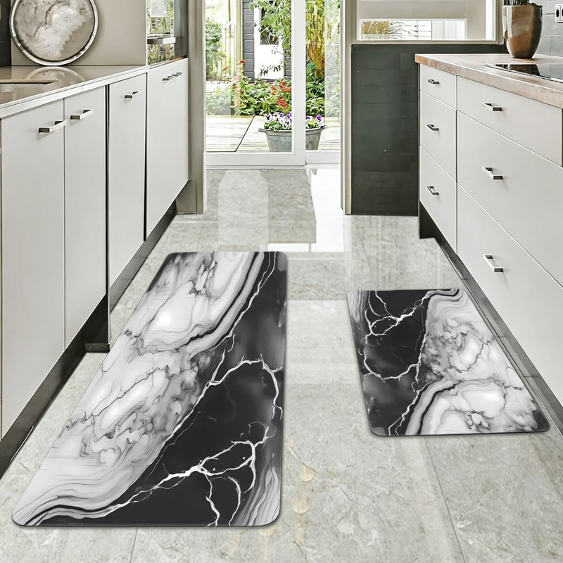 Black and White Marble Pattern 2 PC Kitchen Floor Rugs, Modern Kitchen Decor
