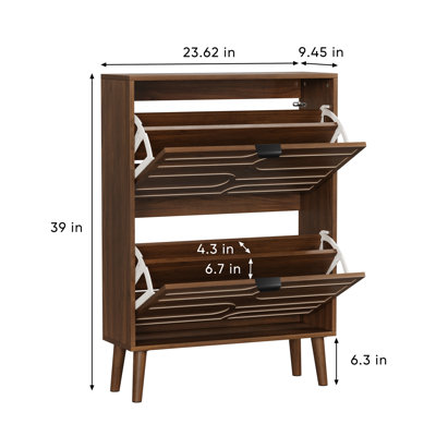 Meuble à chaussures médiéval moderne de 58,5 cm (23,01 pouces) en noyer avec 2 tiroirs rabattables, idéal pour les corridors et les entrées. Design élégant, pieds en bois massif, meuble basculant, tiroirs réglables.