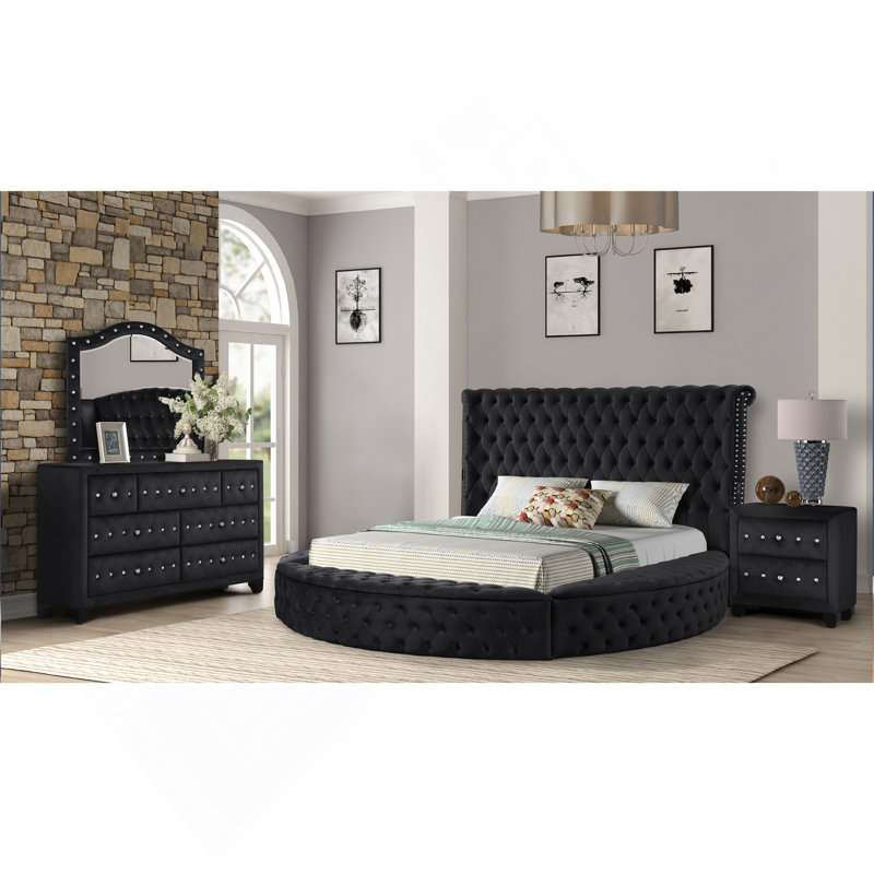 Ensemble de chambre à coucher grand 5 pièces en bois de couleur noire