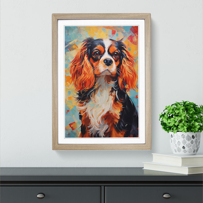 Cavalier King Charles Spaniel Hard Edge No.2 - Single Picture Frame Print on Wood, Oak Framed, 64cm H x 46cm W x 2cm D