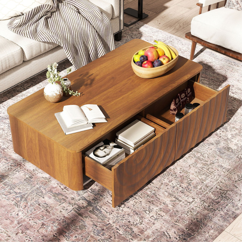 Table basse 47,2 po rectangulaire avec tiroirs, table de centre en panneau de fibres à densité moyenne, aspect bois, brun noyer / noir