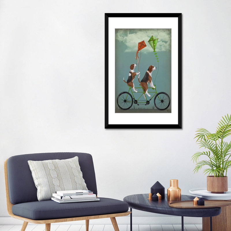 Fab Funky «Beagle Tandem», reproduction sur toile tendue, H 24 po x l 16 po x P 1 po, Papier d'art encadré noir, Blanc