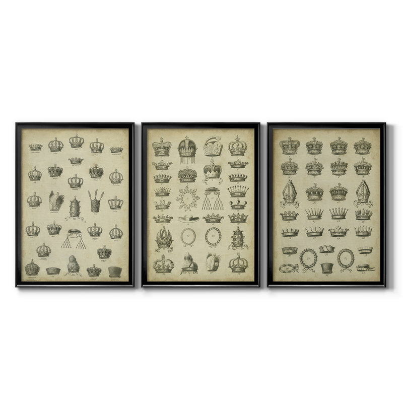 Heraldic Crowns & Coronets II - Toile tendue avec châssis sur mesure - 3 pièces, Noir, H 19 po x l 27 po