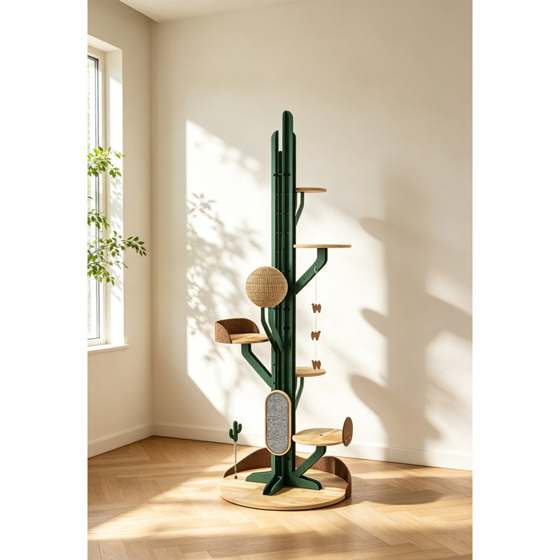 Arbre à chat en bois en forme de cactus, centre d'activités à plusieurs niveaux avec poteau à griffer et jouets