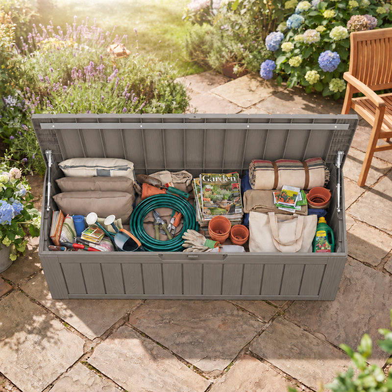Coffre de rangement extérieur de 340 litres (90 gallons), coffre de terrasse en résine résistant aux intempéries avec couvercle verrouillable, capacité de charge maximale de 204 kg (450 lb) pour coussins de patio, jouets de piscine, outils de jardin et accessoires de plein air