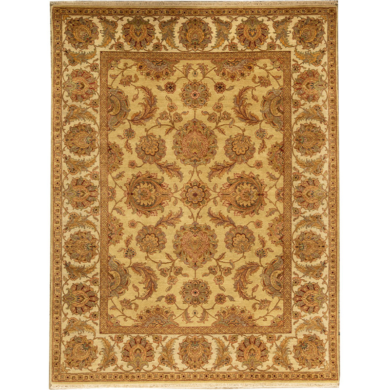 Tapis vert clair et ivoire noué à la main de haute qualité