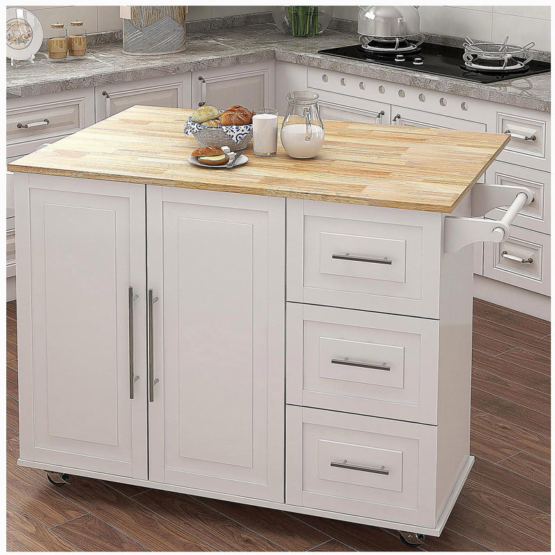Étagère à épices, porte-serviettes et table extensible en bois massif - Îlot de cuisine blanc