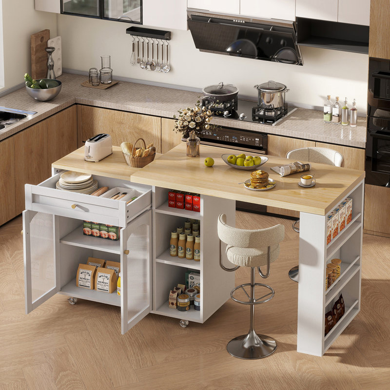Kitchen Island with Storage on Wheels, Kitchen Cart Table Storage Cabinets, White, White