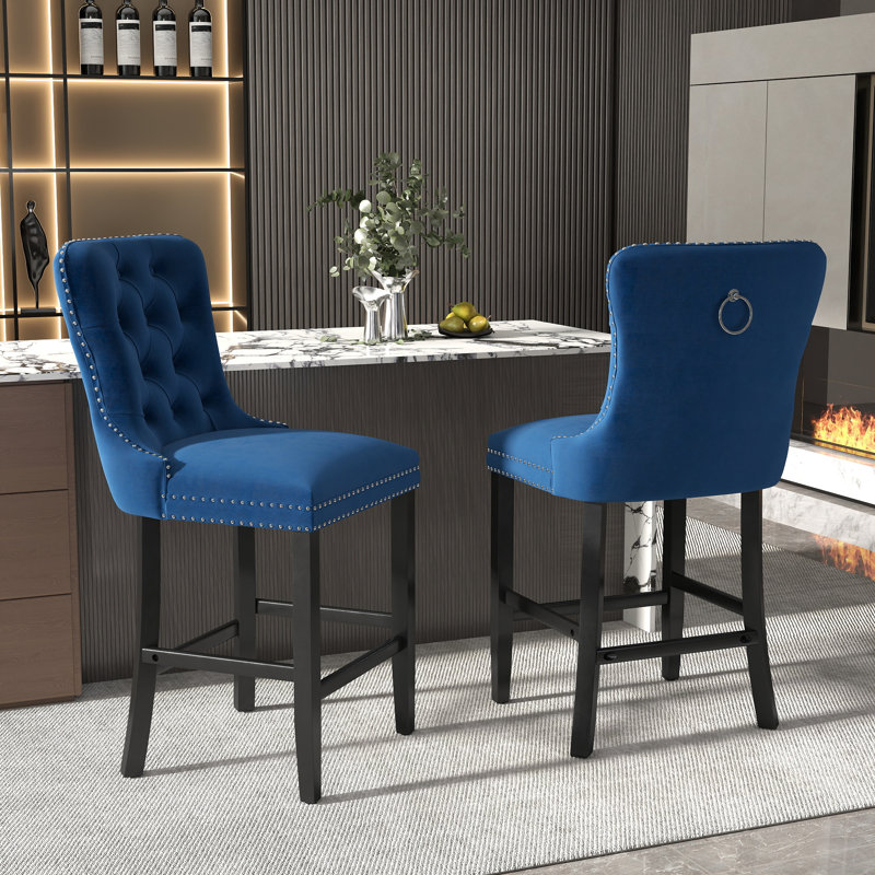 Tabouret de bar rembourré en velours avec dossier capitonné, chaises de bar, tabourets de bar, ensemble de 2, Bleu