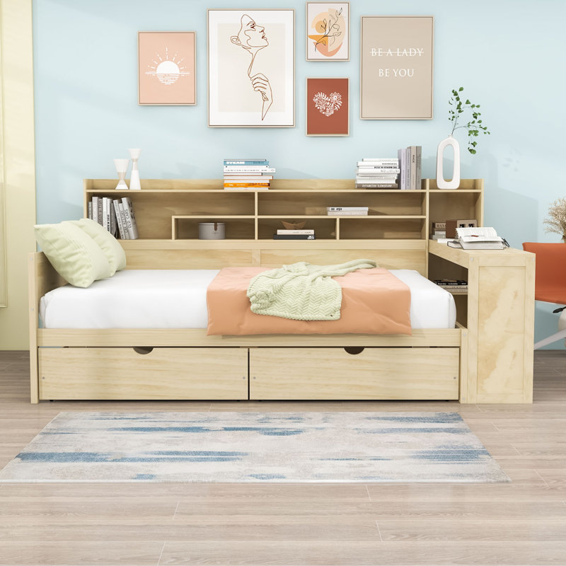 Wood 2 Drawers Daybed with Built-in Desk and Storage Shelves, Natural, Full / Double