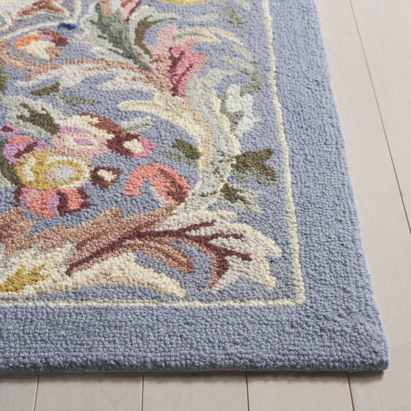 Blue Floral Hand-Hooked Wool Area Rug 5'3" x 8'3"