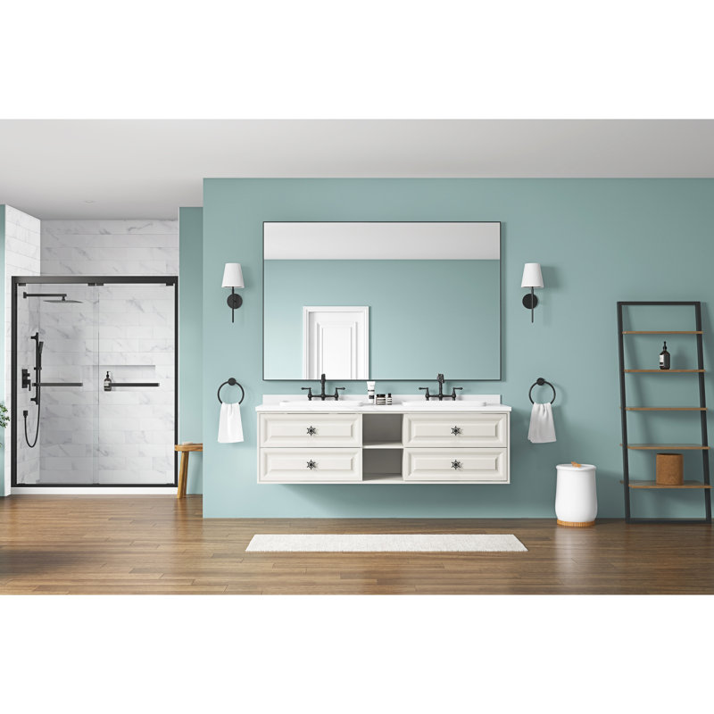 Miroir en métal pour salle de bain - 84 po X 48 po, traitement antirouille, reflet HD, noir mat, style, installation facile des supports de suspension