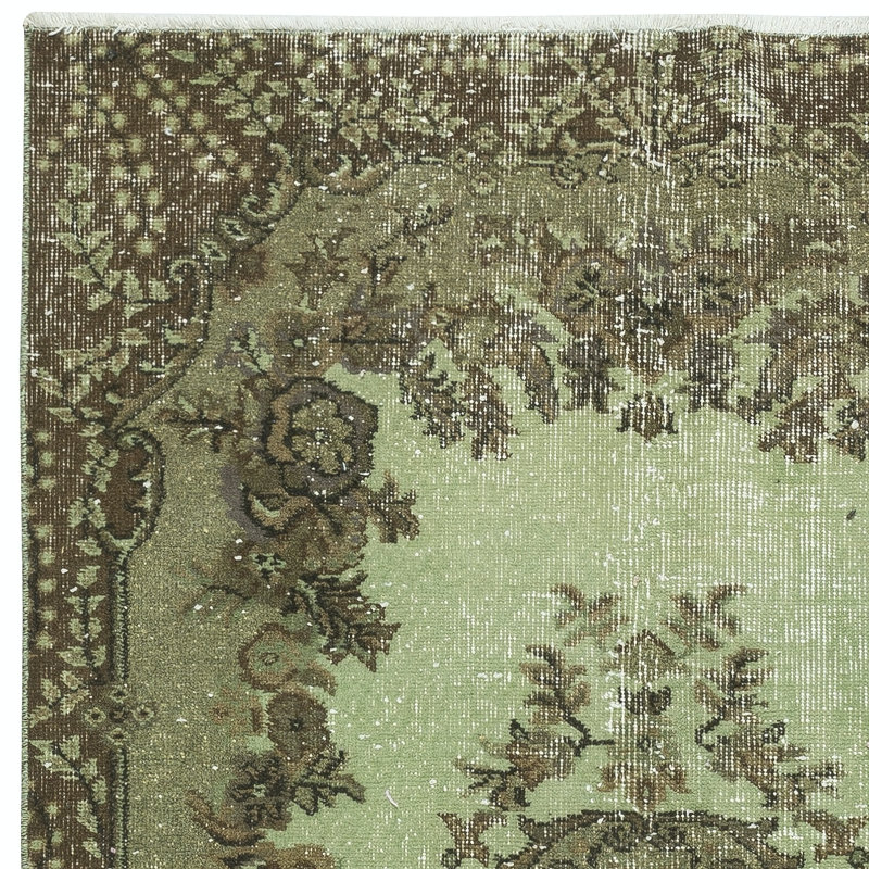 Tapis de couleur médaillon de couleur verte fait à la main 3,8 x 7 pi