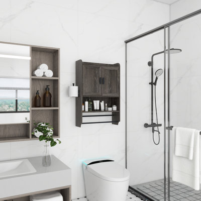 Armoire à pharmacie grise pour la salle de bain, avec étagère intérieure spacieuse et étagère murale ajustable, rangement supplémentaire pour porte-papier