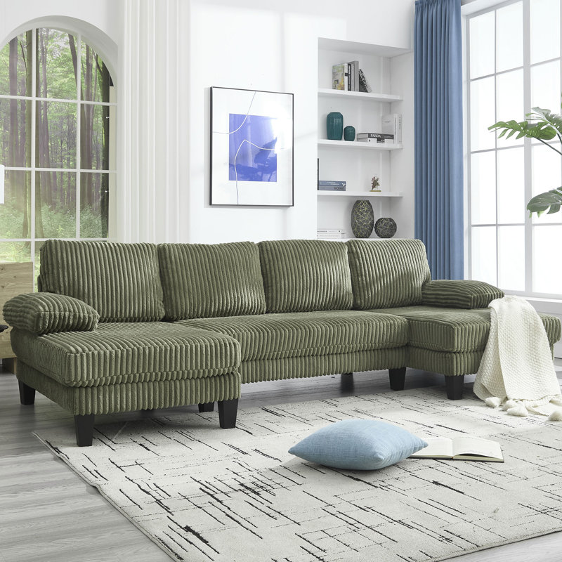 Canapé modulaire rembourré en U avec méridienne double Marley, Velours côtelé vert