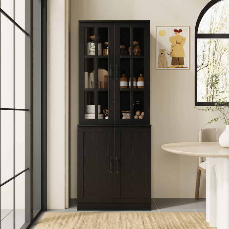 Garde-manger 71 po x l 23,6 po avec bibliothèques et huche de porte en verre, Noir