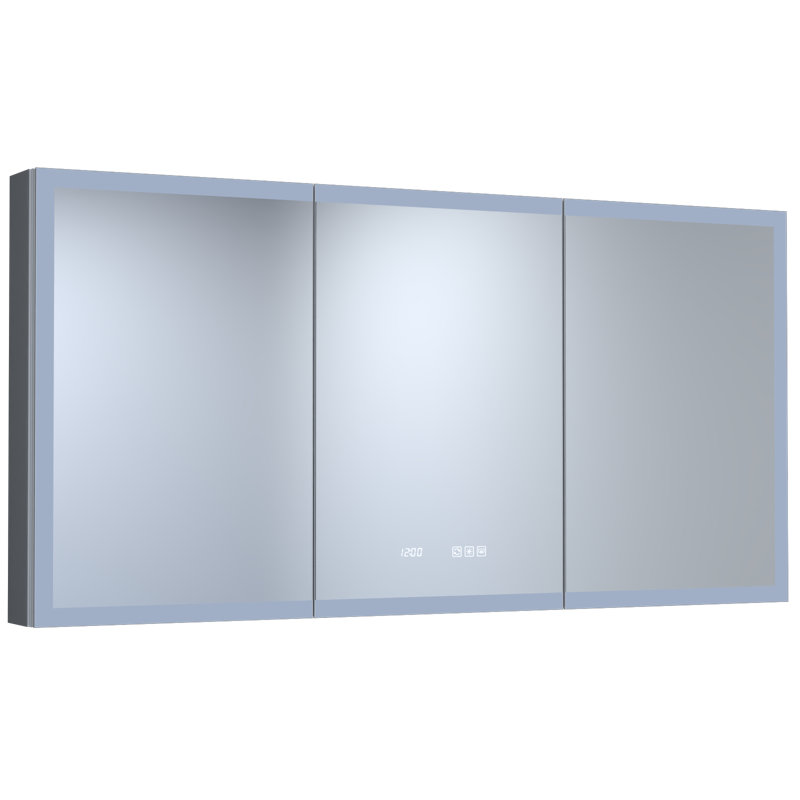 60 po L 30 po H Pharmacie rectangulaire en aluminium argenté encastré / à fixation en surface avec miroir DEL et horloge, 60"