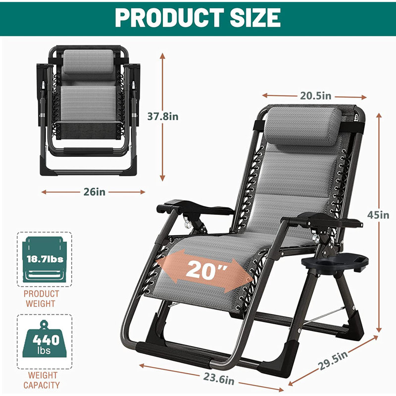 Daisie Ice Silk Zero Gravity Chair, Folding Portable Padded Reclining Lounge Chair with Headrest, Side Table, Supports up to 440lbs