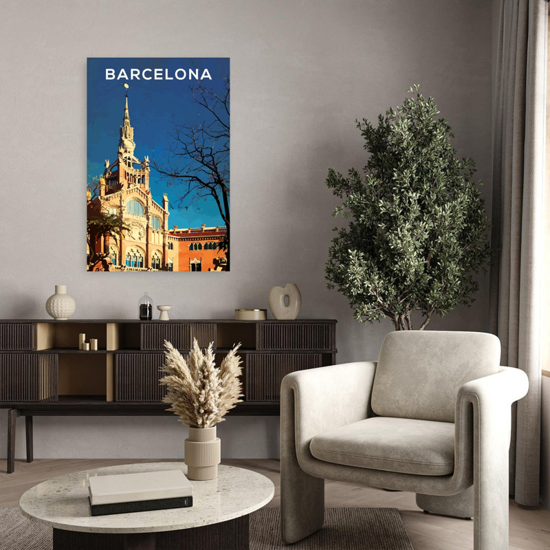 Affiche murale abstraite d'architecture contemporaine représentant le monument de Sant Pau à Barcelone, H 36 po x l 24 po