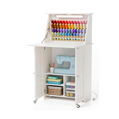 Sewing Table With Under Cabinet Lights, Charging Station, 65 Spools Thread And Organizer Shelves, Compact Design, White