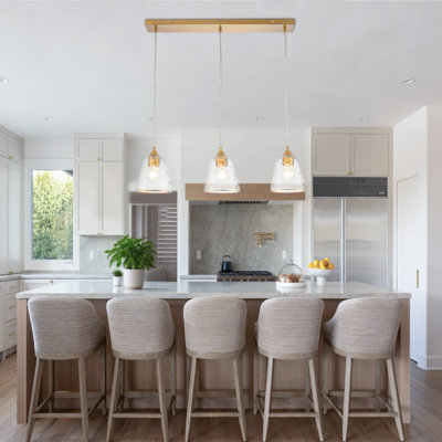 3-Light Kitchen Island Linear Pendant with Stone-Textured Glass Shades in Brass Finish