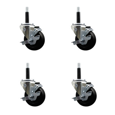 Hard Rubber Swivel Expanding Stem Caster Set with Brake SCC TLB 3.5" x 3/4"