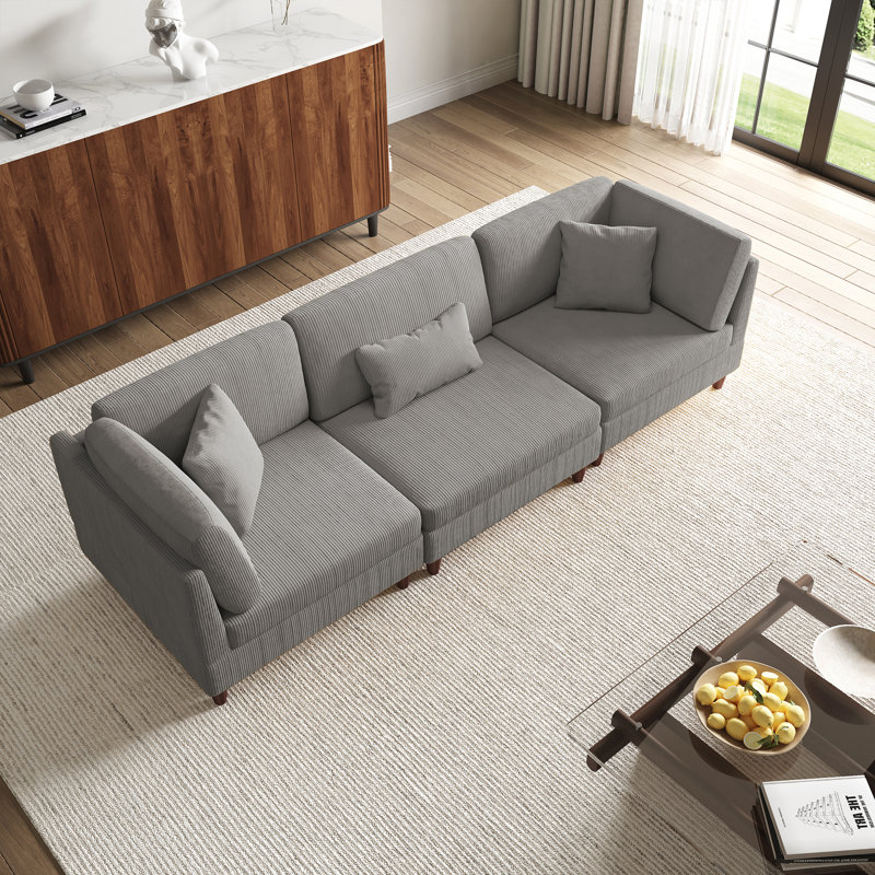Canapé modulaire 3 pièces en velours côtelé gris clair avec dossier coussiné et pieds en bois massif, Gris clair