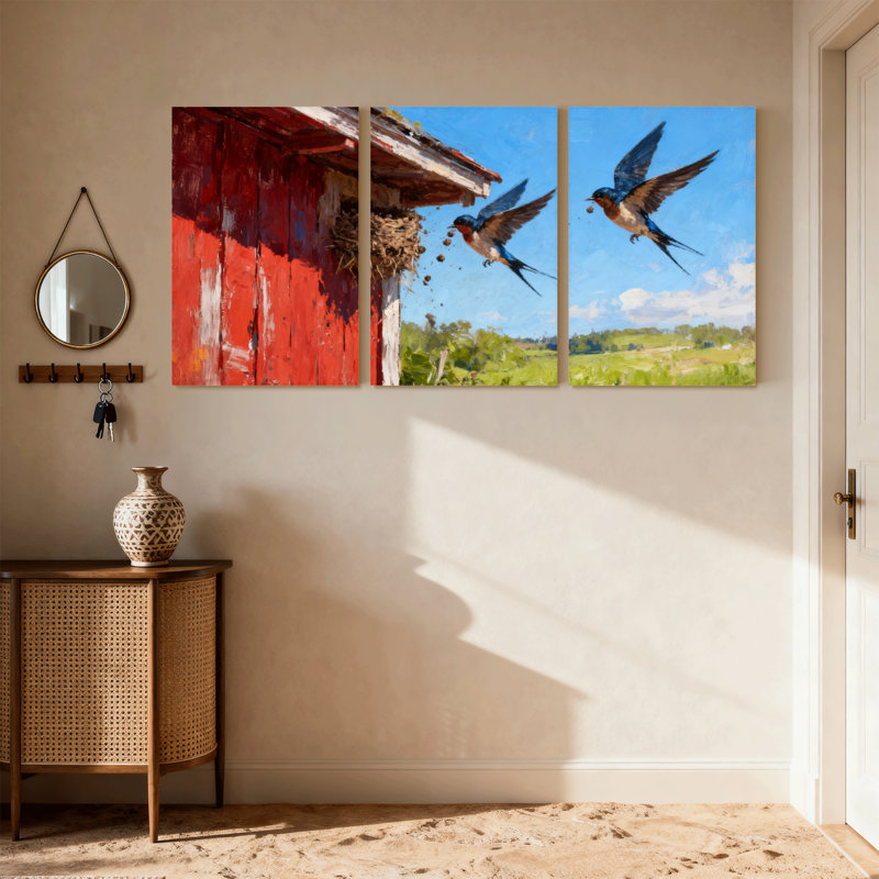 «Birds Red Barn Swallows», ensemble de 3 impressions sur toile, H 18 po x l 36 po