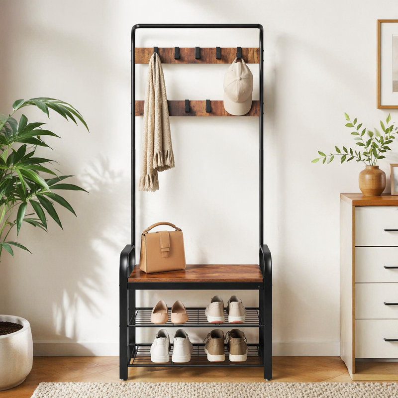 Coat Rack, Hall Tree With Shoe Bench For Entryway, Entryway Bench With Coat Rack, 4In1, With 9 Removable Hooks, A Hanging Rod, 13.8 X 25.2 X 72.8 Inches
