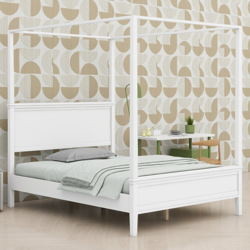 Structure de lit à baldaquin avec assemblage sans effort et charme campagnard de style Mid-Century, Grand lit, White