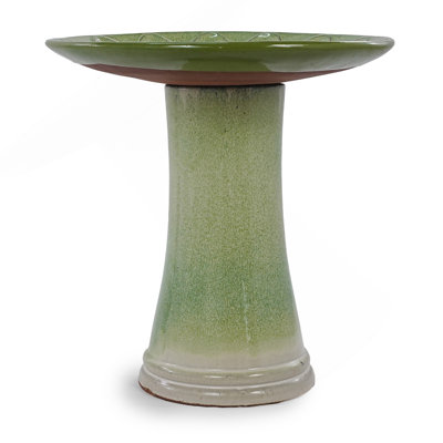 Handmade Green Gradient Glaze Ceramic Bird Bath, 16.93 Inch Diameter 18.11 Inch Height, Outdoor Garden For Birds Bathing & Feeding, Lightweight & Weather-Resistant