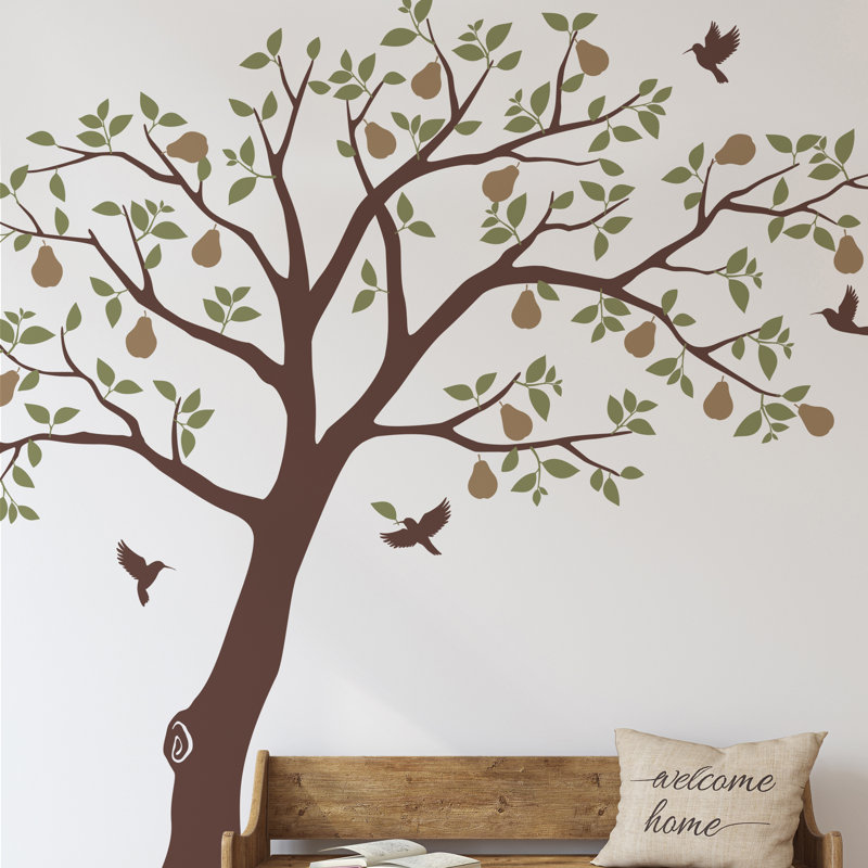 Décalcomanie murale arbre à fruits avec colibris, Brun / vert