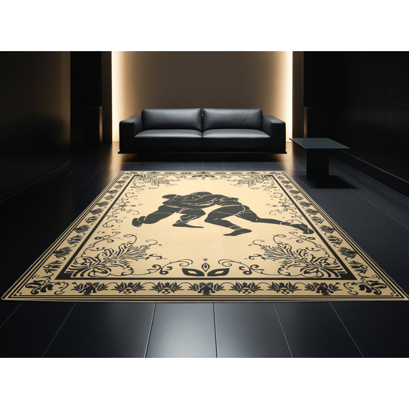 Machine Washable Rayan Wrestling Greco Roman Classic Oriental Rug in Brown – Beige Binding, 8x10