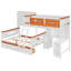 Lit superposé simple au-dessus d'un lit double avec bureau, tiroirs, tablettes, armoire et DEL blanc + orange, solution compacte pour les pièces partagées