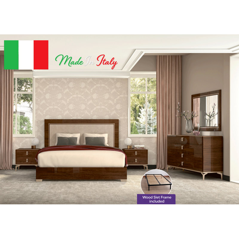 Springville Valencia Bedroom Set With Camel Frame, 5 Pcs: Bed, Dresser, Mirror, 2 Nightstands, King