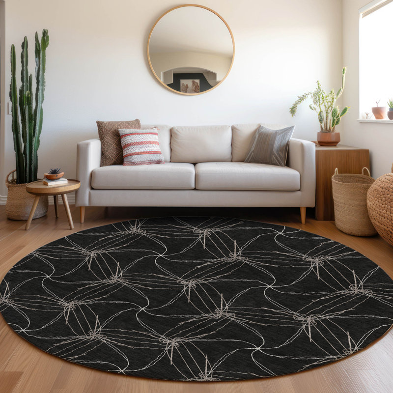 Premium Machine Washable Prisco Black Rug, Round 8'