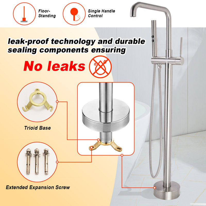 Single Handle Floor Mounted Freestanding Tub Filler with Brass Two-Function Handshower and Diverter, Brushed Nickel