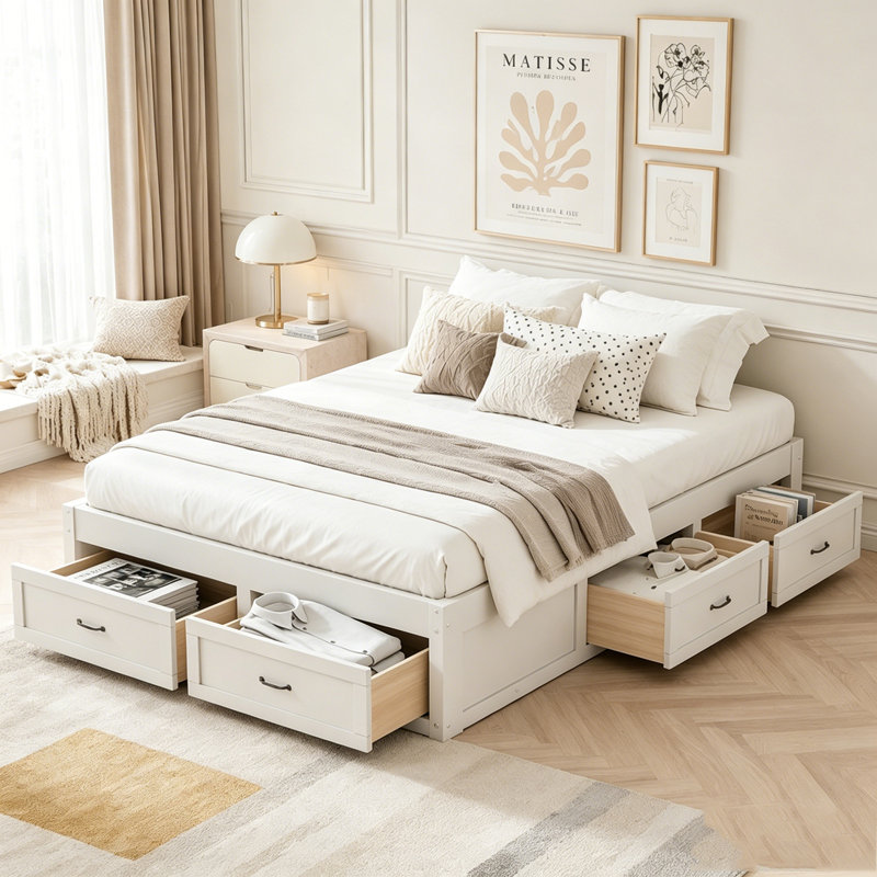 Lit plateforme avec 6 tiroirs de rangement, Lit double, Blanc antique