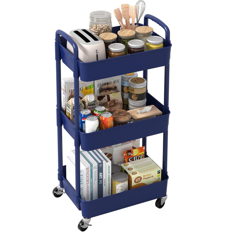 Plastic Rolling Utility Cart with, Blue