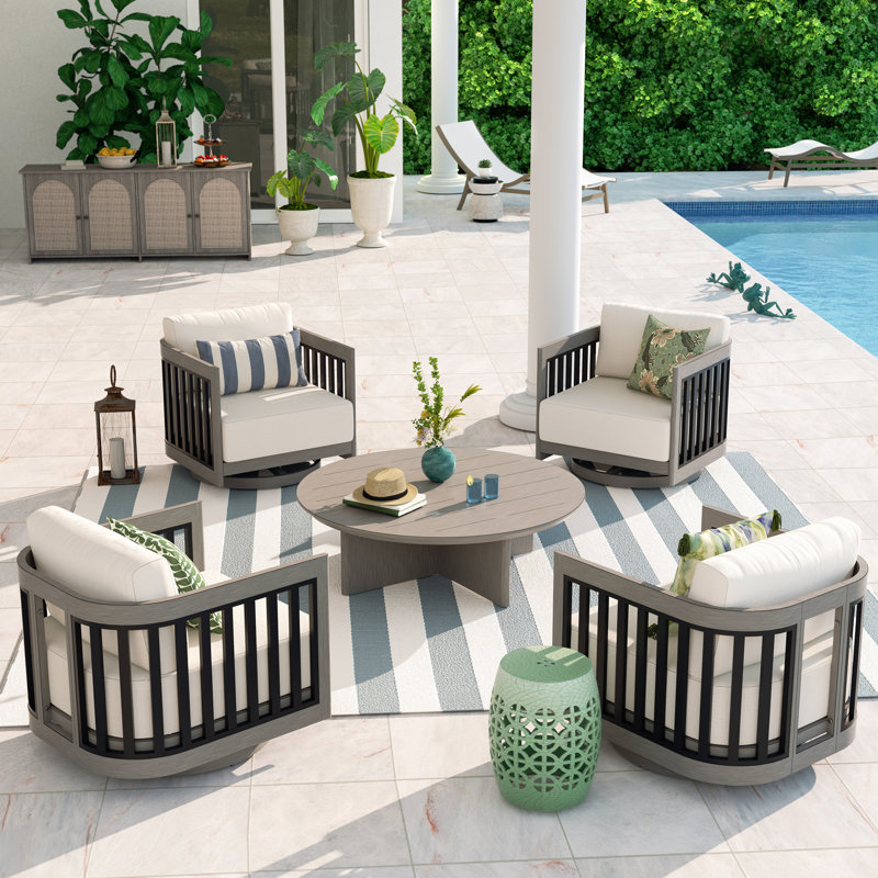 Sereno Patio 4 Person Aluminum Conversation Set With Round Coffee Table And Swivel Club Chairs And Cushions, Smoked Gray
